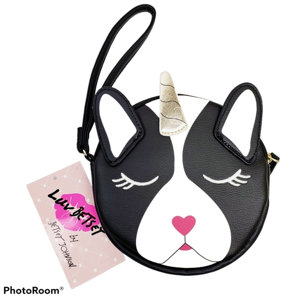 Betsey Johnson Black White Unicorn Boston Terrier Dog Clutch Wristlet Purse - Picture 1 of 3